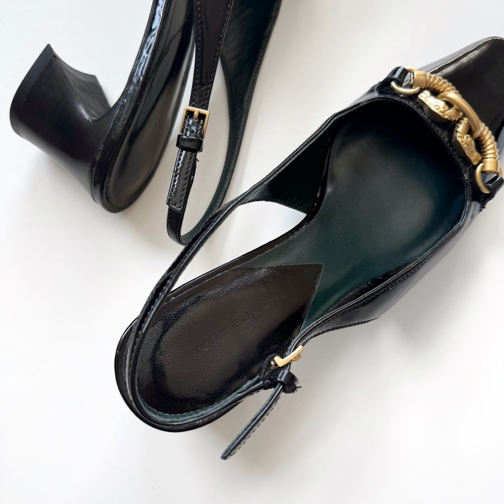 Tory Burch Jessa 55mm Slingback Heels Patent Leather Block Heel Gold Rams Chain - Picture 9 of 11